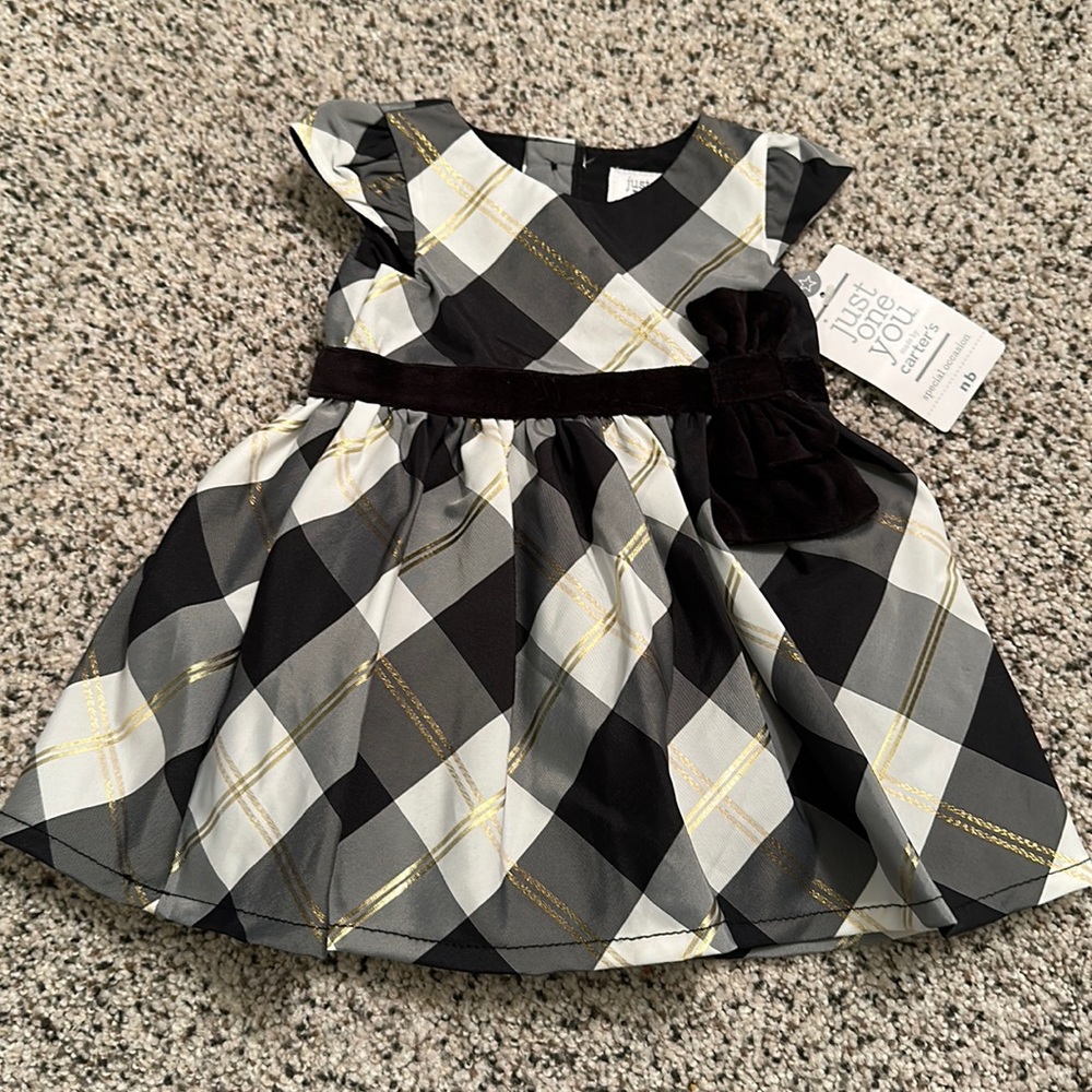 NWT black white and gold newborn party dress.